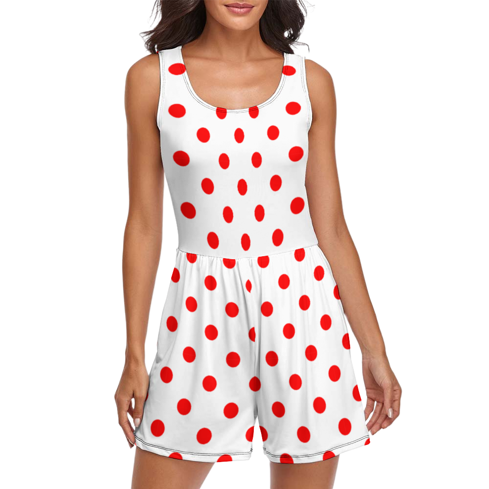 White With Red Polka Dots Women's Sleeveless Jumpsuit Romper With Pockets