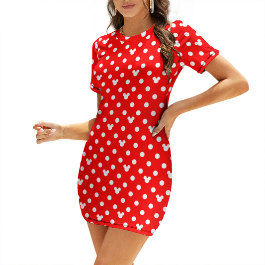 Red With White Mickey Polka Dots Women's Summer Short Dress