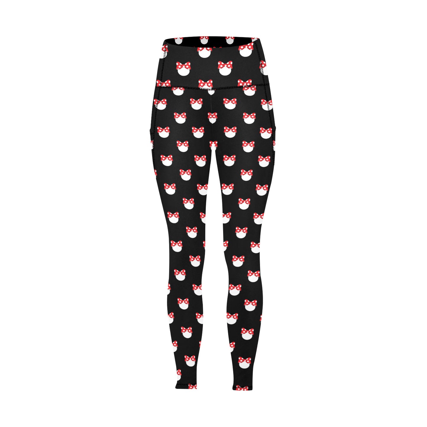 White Polka Dot Red Bow Women's Athletic Leggings With Pockets