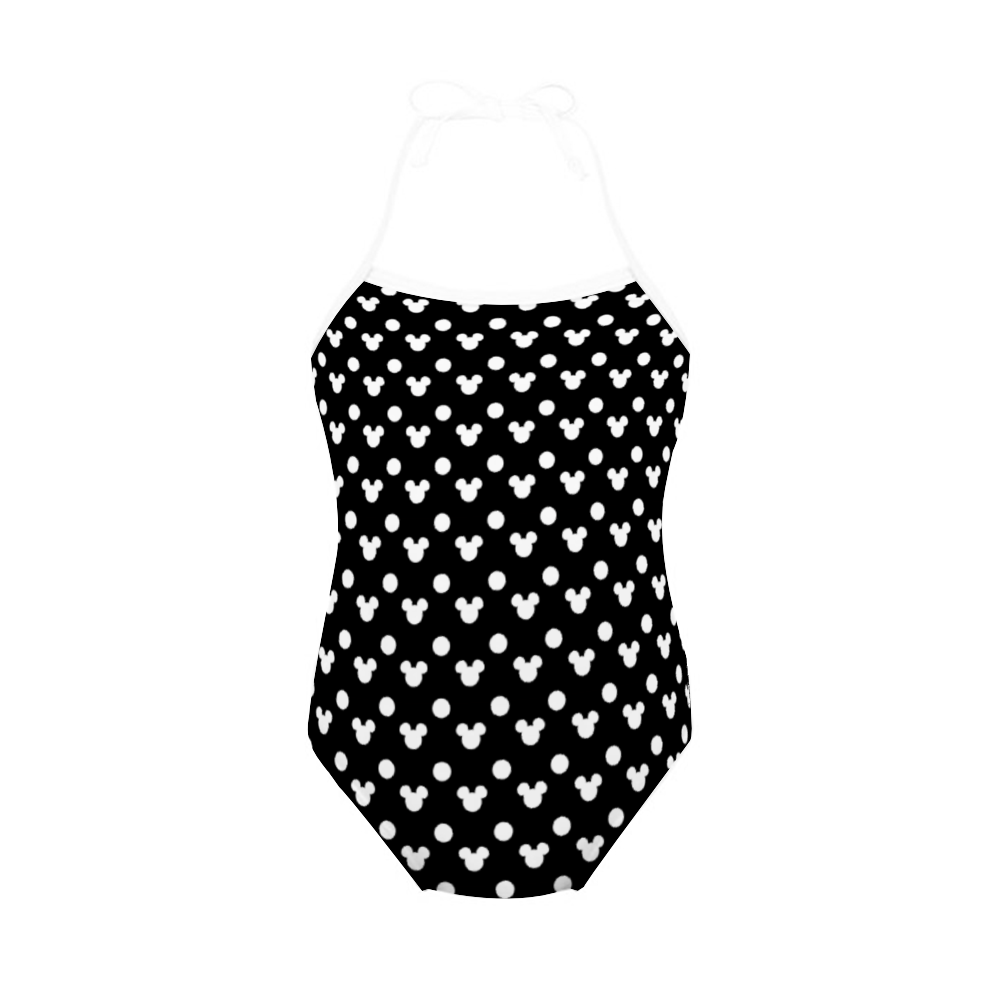 Black With White Mickey Polka Dots Girl's Halter One Piece Swimsuit