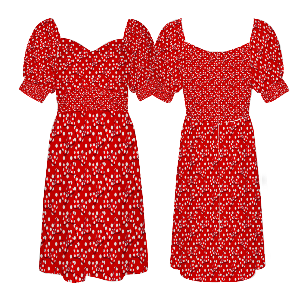 Red And White Polka Dot And Bows Women's Short Sleeve V-neck Knee-Length Dress