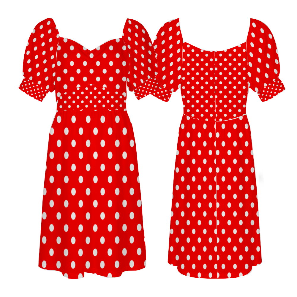 Red With White Polka Dots Women's Short Sleeve V-neck Knee-Length Dress